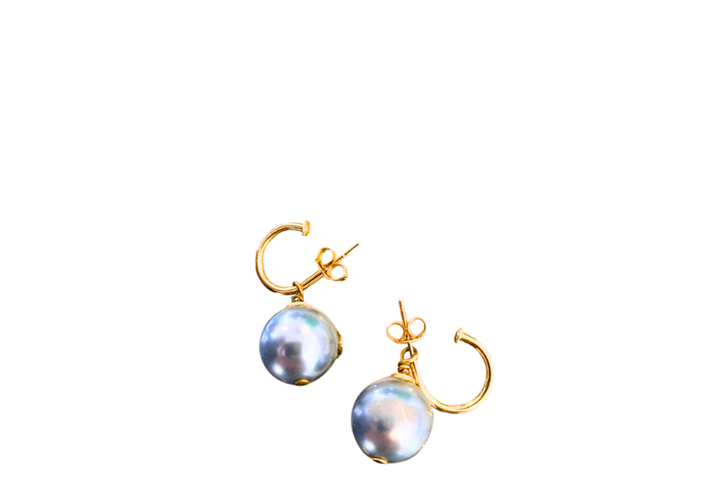 CHANEL GREY FAUX PEARL WITH GOLD J SHAPED EARRINGS, NO BOX