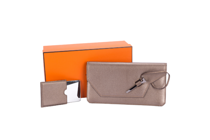 Hermes Clutch Metallic Grey Clutch with Mirror & Box