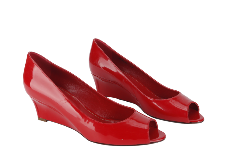 SERGIO ROSSI RED PATENT LEATHER PEEP TOE HEELS SIZE 38.5