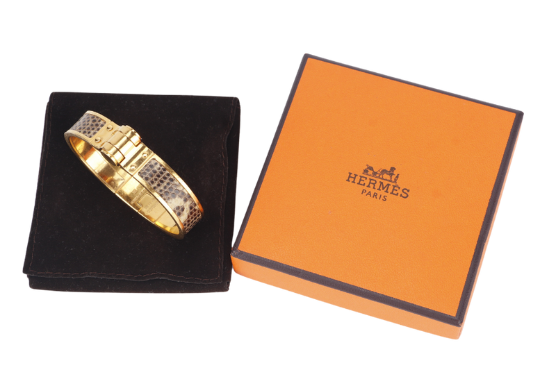 HERMES CHARNIERE LIZARD BRACELET SP1105 SIZE S GOLD HARDWARE WITH DUST COVER AND BOX