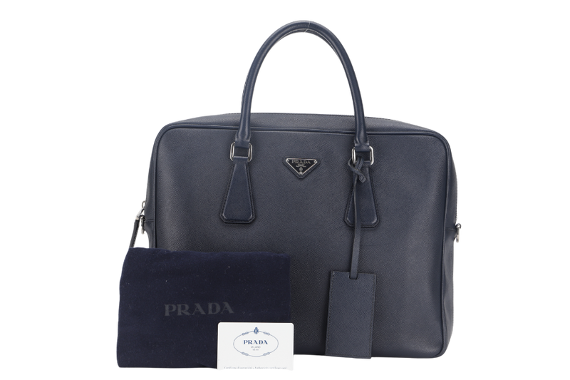 PRADA TRAVEL BRIEFCASE LARGE BALTICO SAFFIANO LEATHER (VA0891) SILVER HARDWARE WITH DUST COVER AND CARD