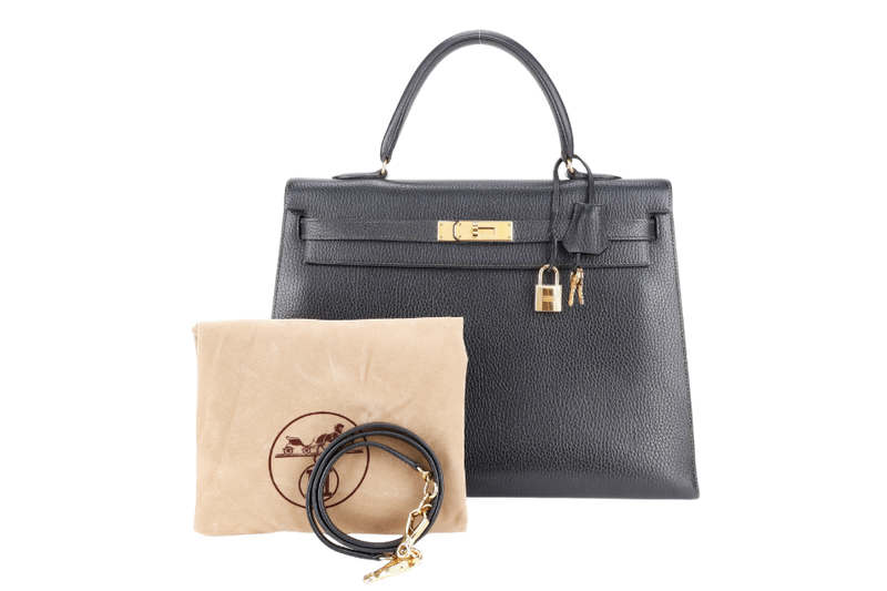 HERMES KELLY SELLIER 35 STAMP T CIRCLE (YEAR 1990) NOIR ARDENNES LEATHER GOLD HARDWARE WITH STRAPS, PADLOCK&KEYS AND DUST COVER