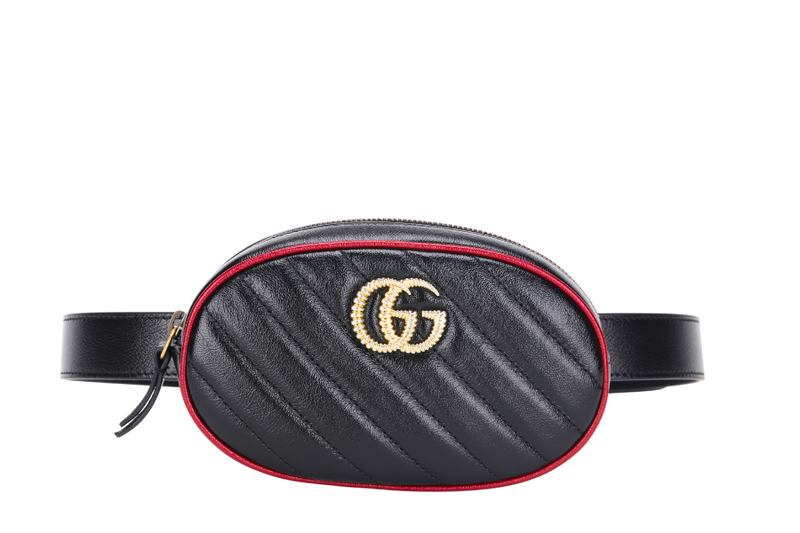 GUCCI MARMONT BELT BAG (476434493075) BLACK & RED WITH STRAP & DUST COVER