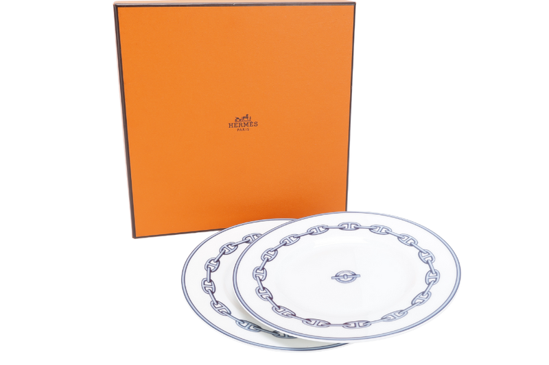 HERMES CHAINE D'ANCRE PORCELAIN ROUND PLATE X 2PCS WITH BOX