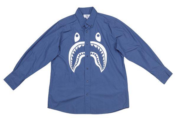 A BATHING APE GREY SHARK PRINT COTTON CREW NECK LONG SLEEVE T SHIRT SIZE L