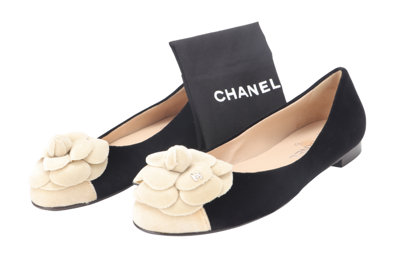 CHANEL BALLERINA FLATS BLACK VELVET SIZE 37C WITH DUST COVER
