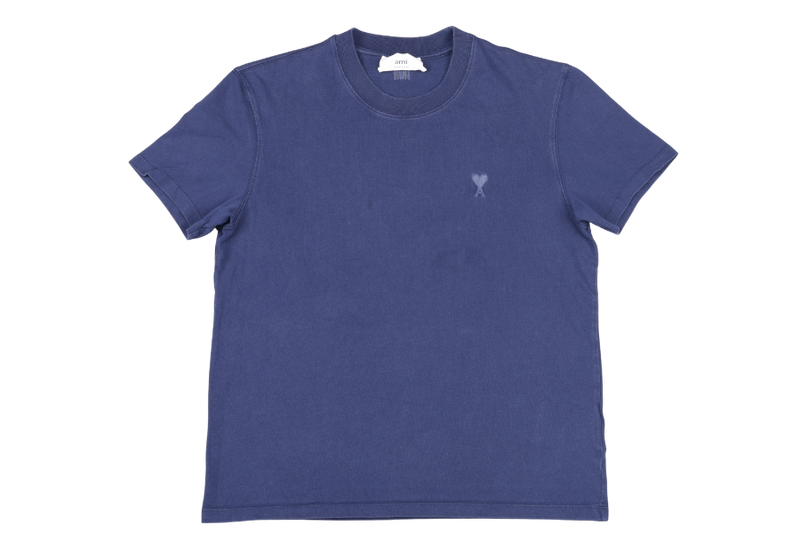 AMI COMMON CHAIN STITCH TONAL HEART T SHIRT SIZE M DARK BLUE