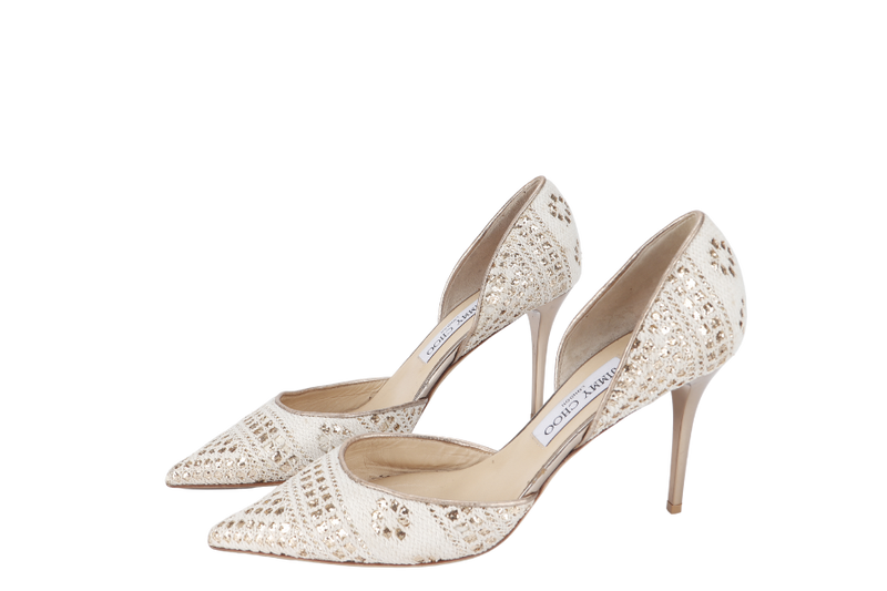 JIMMY CHOO LACE POINTED TOE PUMPS BEIGE SIZE 39.5