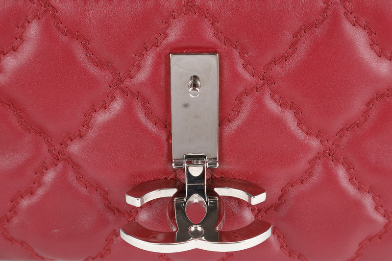 CHANEL HAMPTONS WILD STITCH DARK RED LEATHER FLAP BAG SILVER HARDWARE (1783xxxx) WITH CARD, DUST COVER AND BOX