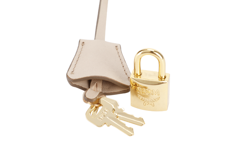 MCM BOSTON LIGHT BEIGE MONOGRAM CANVAS GOLD HARDWARE WITH KEYS, LOCK AND DUST COVER
