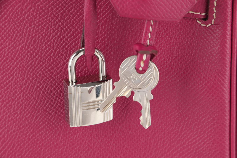HERMES KELLY 28 CANDY VERSO TOSCA AND ROSE TYRIEN COLOR EPSOM SILVER HARDWARE STAMP O (YEAR 2011) WITH KEYS, LOCK, STRAP AND DUST COVER