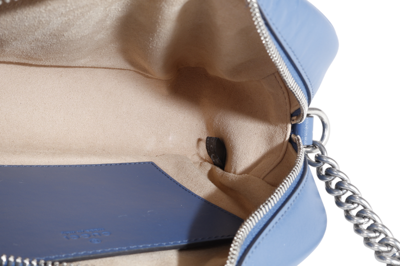 GUCCI MARMONT BLUE LEATHER CAMERA BAG SILVER HARDWARE WITH DUST COVER AND BOX
