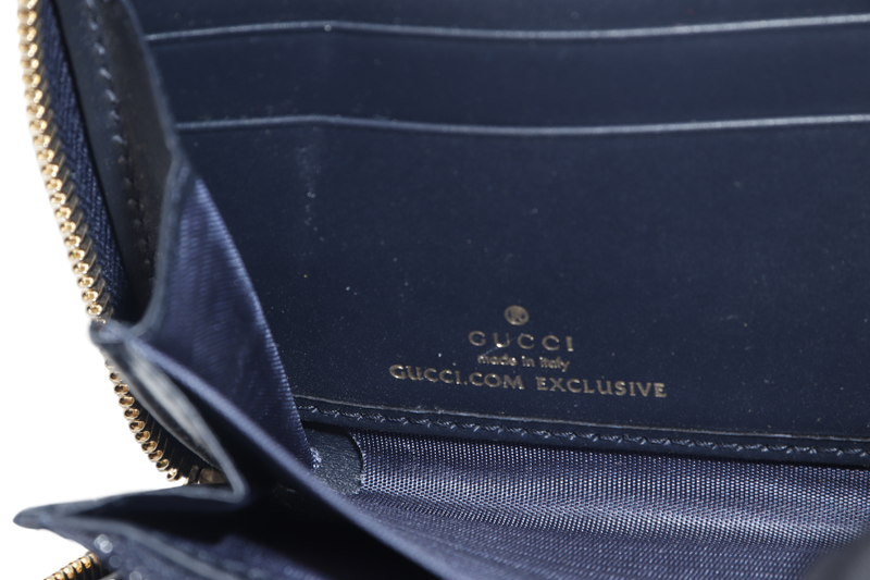 GUCCI WEB BEE ZIPPY WALLET DARK BLUE CANVAS CALF LEATHER GOLD HARDWARE WITH DUST COVER AND BOX