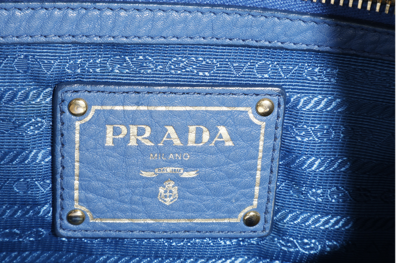 PRADA ZIP TOP HOBO VITELLO DAINO BAG LARGE BLUE LEATHER GOLD HARDWARE NO DUST COVER