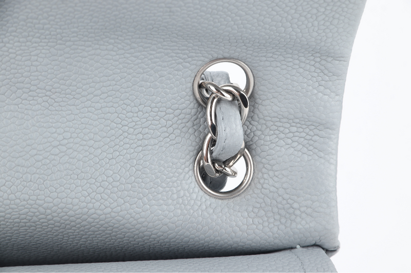 CHANEL CLASSIC FLAP MAXI GREY CAVIAR LEATHER WITH SILVER CHAIN (1739xxxx) WITH CARD , DUST COVER AND BOX