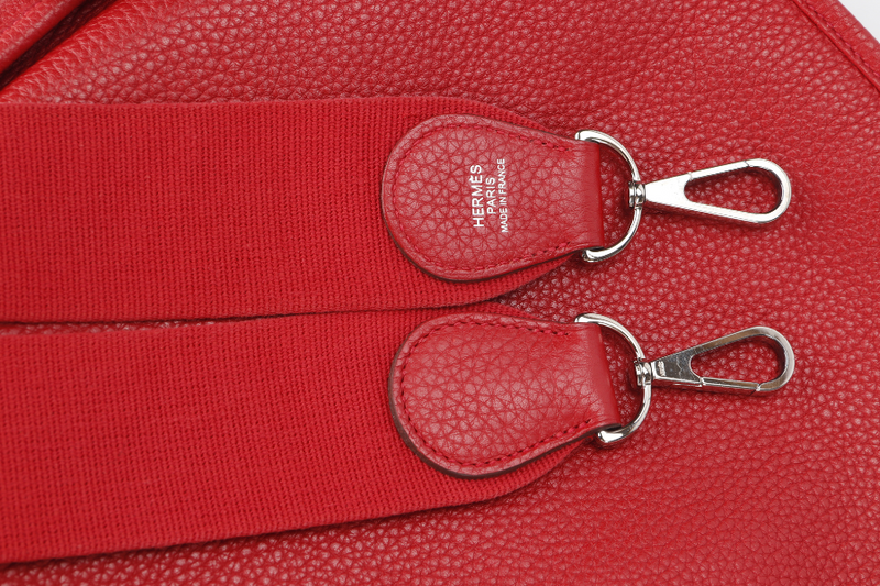 HERMES EVELYNE PM STAMP P RED CLEMENCE LEATHER SILVER HARDWARE WITH STRAP AND DUST COVER