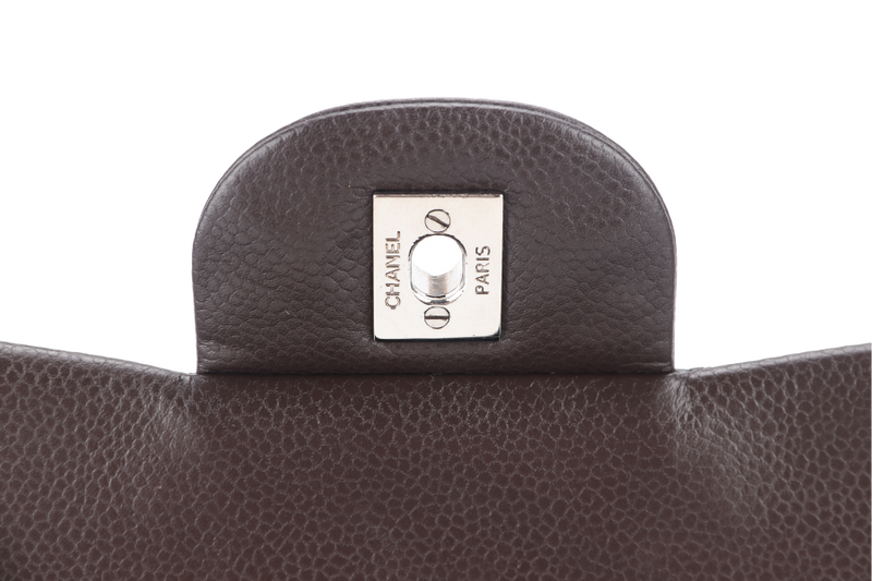 CHANEL CLASSIC FLAP MAXI SINGLE FLAP BROWN CAVIAR SILVER HARDWARE (1401xxxx) WITH CARD, DUST COVER AND BOX