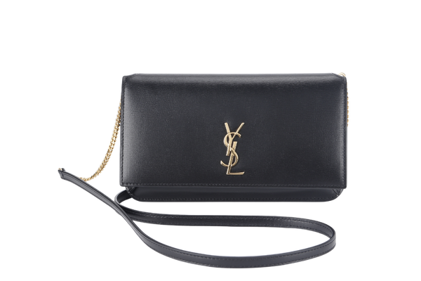 YVES SAINT LAURENT (YSL) CASSANDRA PHONE (GNC635095 0322) BLACK LEATHER GOLD HARDWARE WITH DUST COVER AND BOX