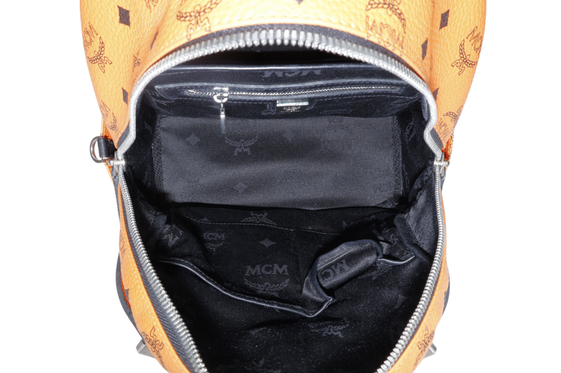 MCM STARK DUAL BACKPACK ORANGE-BLACK LEATHER SILVER HARDWARE NO DUST COVER