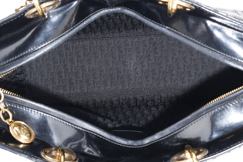 CHRISTIAN DIOR LADY DIOR LARGE PATENT BLACK GOLD HARDWARE WITH CARD AND DUST COVER