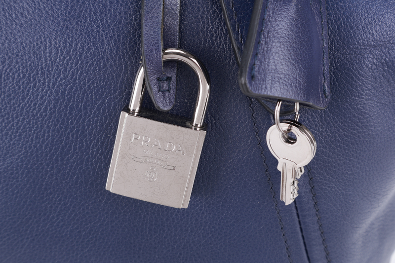 PRADA BR4998 BLUE LARGE LEATHER BOSTON BAG SILVER HARDWARE WITH KEYS & LOCK NO DUST COVER