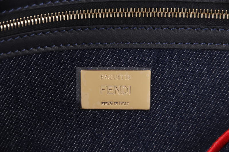 FENDI BAGUETTE SHOULDER BAG (8BR771) LARGE BLUE DENIM GOLD HARDWARE WITH STRAP, DUST COVER AND BOX