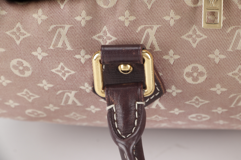 LOUIS VUITTON SPEEDY BANDOULIERE 30 MINI LIN CANVAS GOLD HARDWARE WITH DUST COVER, STRAPS,  LOCK AND KEYS