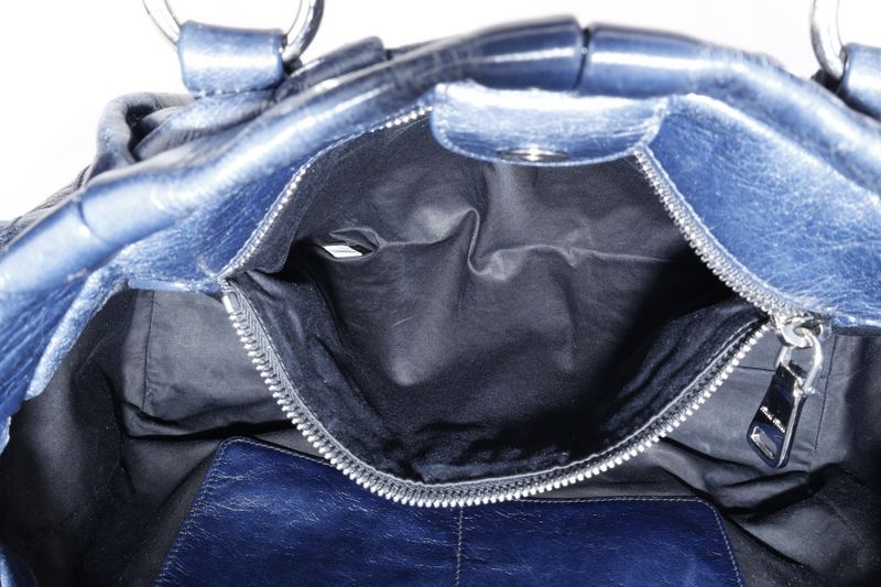 MIU MIU VITELLO SHINE SATCHEL DARK BLUE LEATHER SILVER HARDWARE WITH STRAPS AND NO DUST COVER