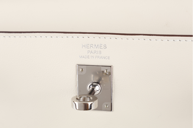 HERMES KELLY 25 IN AND OUT NATA COLOR SWIFT LEATHER SILVER HARDWARE STAMP Z (YEAR 2021) WITH STRAPS, KEYS, LOCK, DUST COVER AND BOX