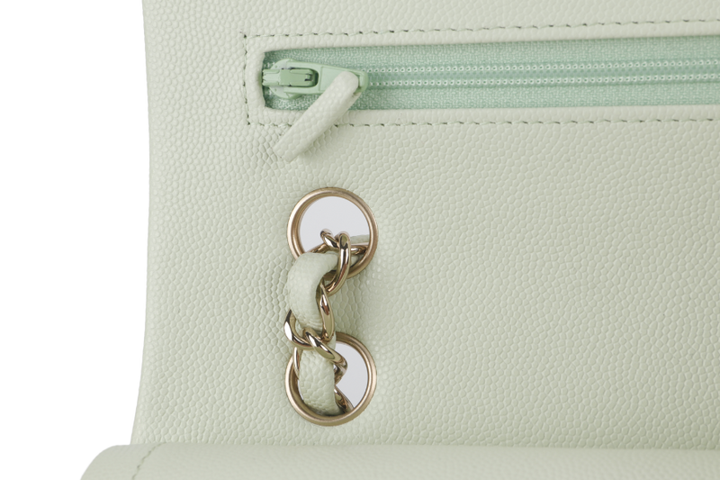 CHANEL FLAP MEDIUM (ALUNxxxx) MINT GREEN CAVIAR LEATHER LIGHT GOLD HARDWARE MICROCHIP WITH DUST COVER