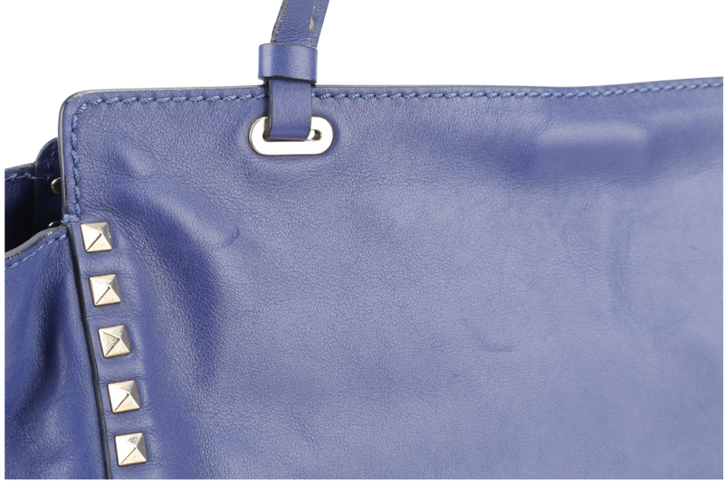 VALENTINO VITELLO SMALL ROCKSTUD BLUE LEATHER TOTE BAG WITH GOLD HARDWARE WITH STRAPS AND DUST COVER