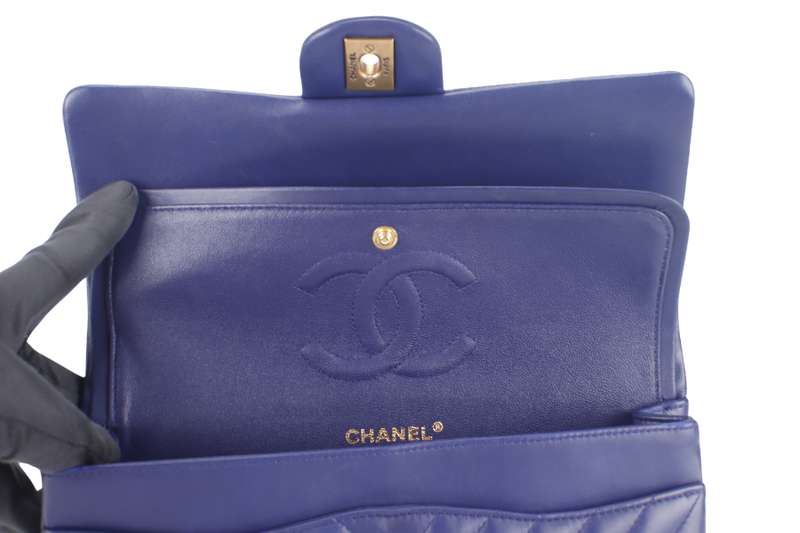 CHANEL CLASSIC FLAP CHEVRON (2117xxxx) DARK BLUE LAMBSKIN GOLD HARDWARE MEDIUM SIZE WITH CARD AND DUST COVER