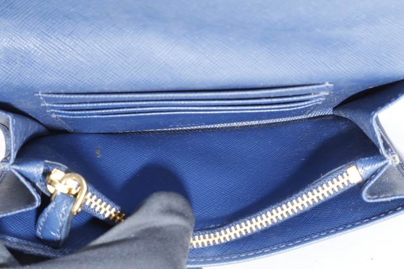 PRADA WRISTLET WALLET DARK BLUE SAFFIANO LEATHER GOLD HARDWARE