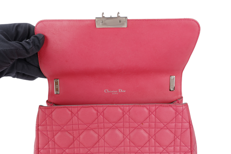 CHRISTIAN DIOR MISS DIOR FLAP CANNAGE BAG MEDIUM FUCHSIA LAMBSKIN SILVER HARDWARE NO DUST COVER