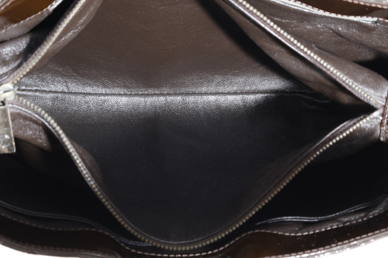 CHANEL DARK BROWN PATENT QUILTED SHOULDER BAG RUTHENIUM HARDWARE (616xxxx) WITH CARD AND BOX