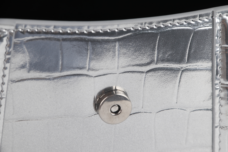 BALENCIAGA HOURGLASS XS SILVER METALLIC CROC-EFFECT LEATHER SILVER HARDWARE WITH SLING AND DUST COVER