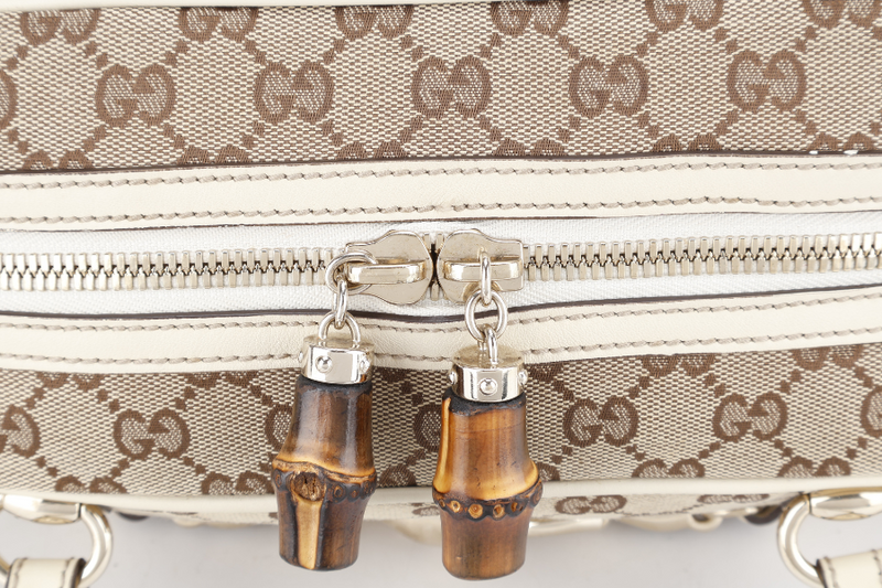 GUCCI BEIGE AND WHITE GG CANVAS AND LEATHER BOSTON BAG WITH DUST COVER