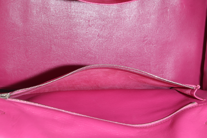 HERMES BIRKIN 35 SHINY POROSUS ROSE TYRIEN SILVER HARDWARE STAMP UNCLEAR WITH KEYS, LOCK, RAINCOAT AND DUST COVER
