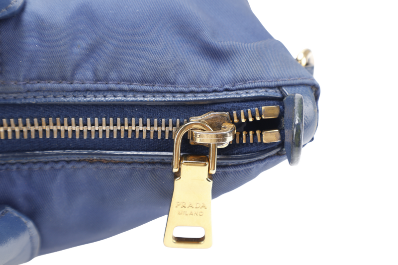 PRADA TESSUTO MEDIUM TOTE (BN2106) NAVY BLUE NYLON GOLD HARDWARE WITH CARD AND STRAPS