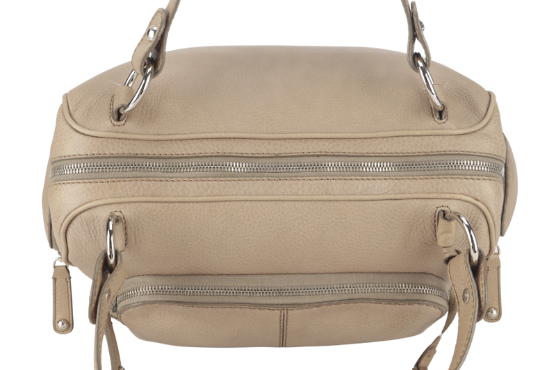 TOD'S BEIGE LEATHER MULTI POCKET SATCHEL BAG SILVER HARDWARE WITH DUST COVER