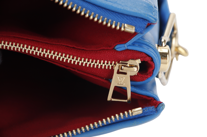 LOUIS VUITTON COUSSIN CROSSBODY BAG PM BLUE & RED EMBOSSED LAMBSKIN GOLD HARDWARE MICROCHIP WITH DUST COVER AND BOX