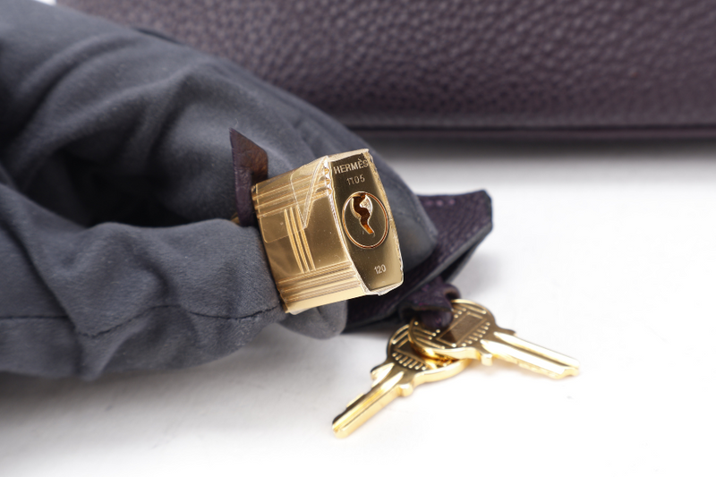 HERMES BIRKIN 25 STAMP T (YEAR 2015) RAISIN COLOR TOGO LEATHER GOLD HARDWARE WITH KEYS, LOCK AND DUST COVER