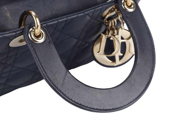 CHRISTIAN DIOR LADY DIOR SMALL (01-RU-1117) NAVY BLUE CANNAGE LAMBSKIN GOLD HARDWARE WITH STRAP, DUST COVER AND BOX