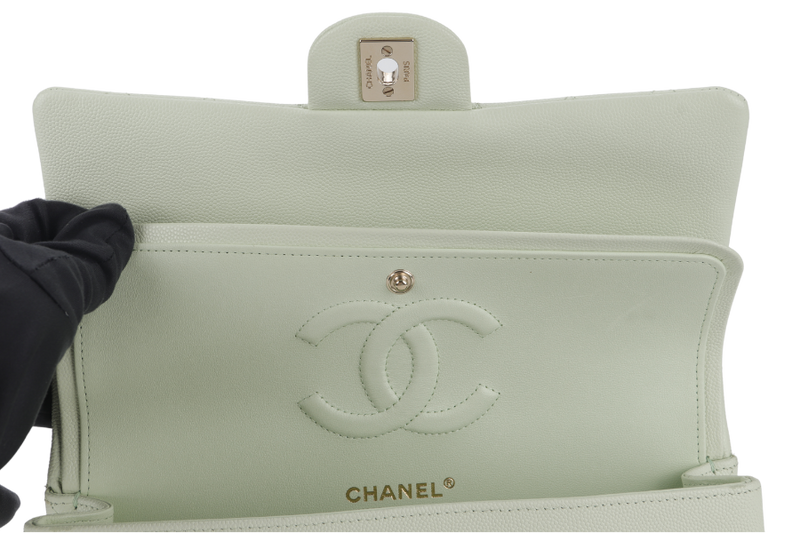 CHANEL FLAP MEDIUM (ALUNxxxx) MINT GREEN CAVIAR LEATHER LIGHT GOLD HARDWARE MICROCHIP WITH DUST COVER