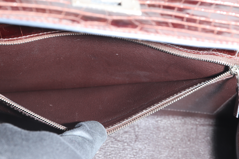 HERMES KELLY 32 SELLIER DARK BROWN SHINY NILOTICUS SILVER HARDWARE STAMP P (YEAR 2012) WITH KEYS, LOCK, STRAPS, RAINCOAT WITH DUST COVER
