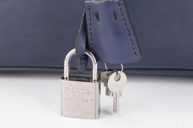 PRADA BR4998 BLUE LARGE LEATHER BOSTON BAG SILVER HARDWARE WITH KEYS & LOCK NO DUST COVER