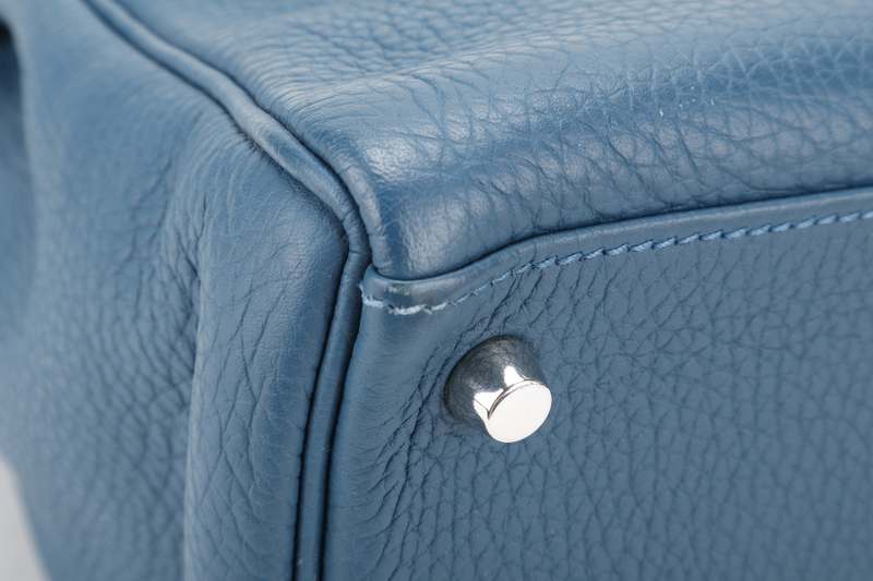 HERMES KELLY 35 BLUE COLVERT CLEMENCE LEATHER SILVER HARDWARE STAMP Q (YEAR 2013) WITH STRAPS, KEYS & LOCK , BOX AND PAPER BAG (NO DUST COVER)