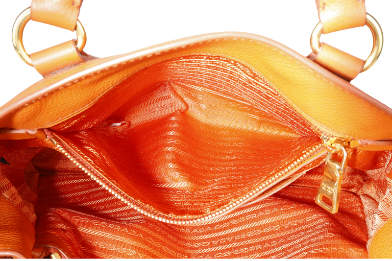 PRADA BN2579 VITELLO DAINO ZIP BAG ORANGE LEATHER GOLD HARDWARE WITH DUST COVER, LONG STRAPS AND CARD