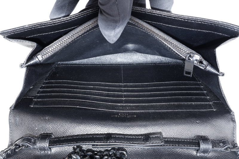 YVES SAINT LAURENT (YSL) CLASSIC CASSANDRE SO BLACK CHAIN WALLET MATELASSE LEATHER BLACK HARDWARE WITH STRAPS NO DUST COVER