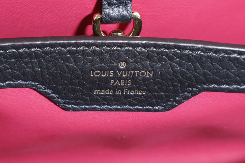 LOUIS VUITTON CAPUCINES BB BLACK CALFSKIN LEATHER GOLD HARDWARE WITH LEATHER STRAPS AND DUST COVER